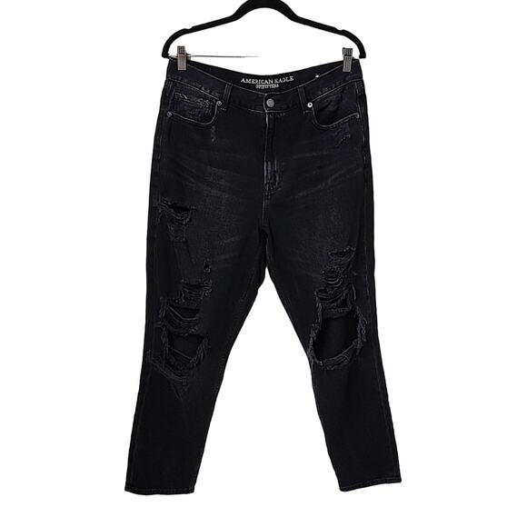 American Eagle Black Denim Distressed Mom Jeans, Women's Size 12 - Picture 1 of 11